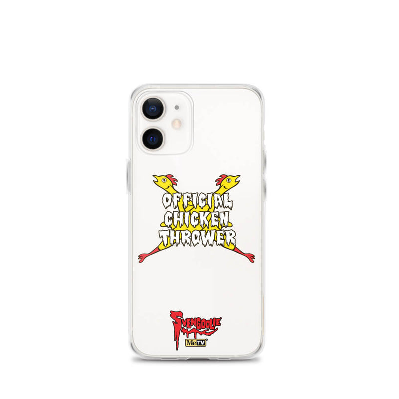 White iPhone case with yellow cartoon chickens crossed in an X behind white text reading "OFFICIAL CHICKEN THROWER" "Svengoolie" and MeTV logos.