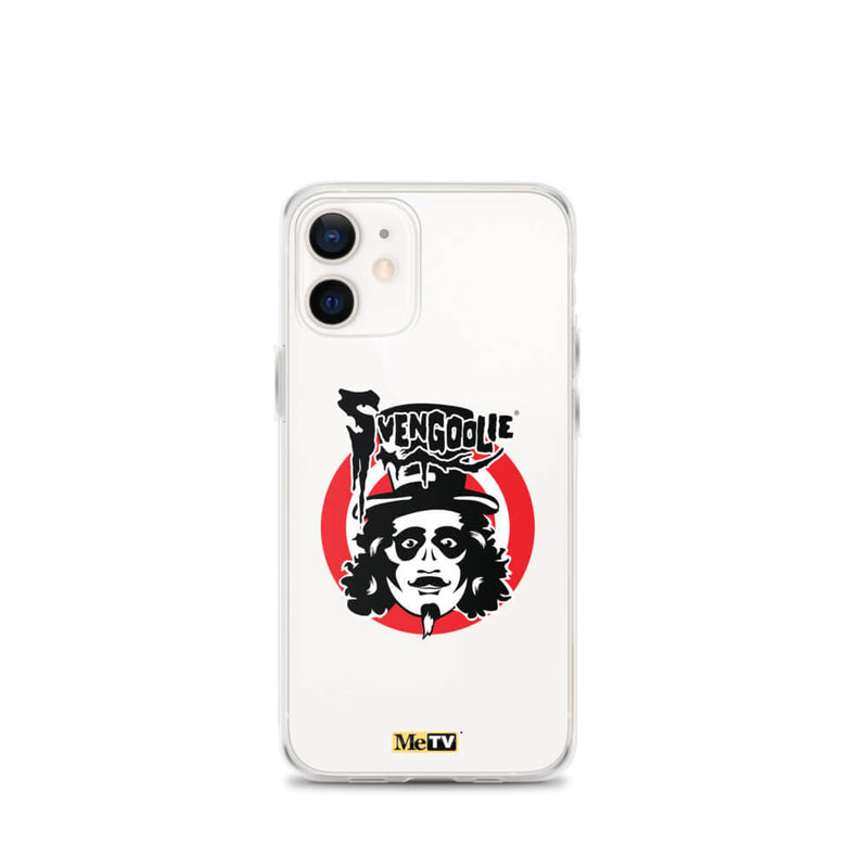 White iPhone case featuring Svengoolie target logo in center and "MeTV" logo at bottom.