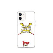 White iPhone case with yellow cartoon chickens crossed in an X behind white text reading "OFFICIAL CHICKEN THROWER" "Svengoolie" and MeTV logos.