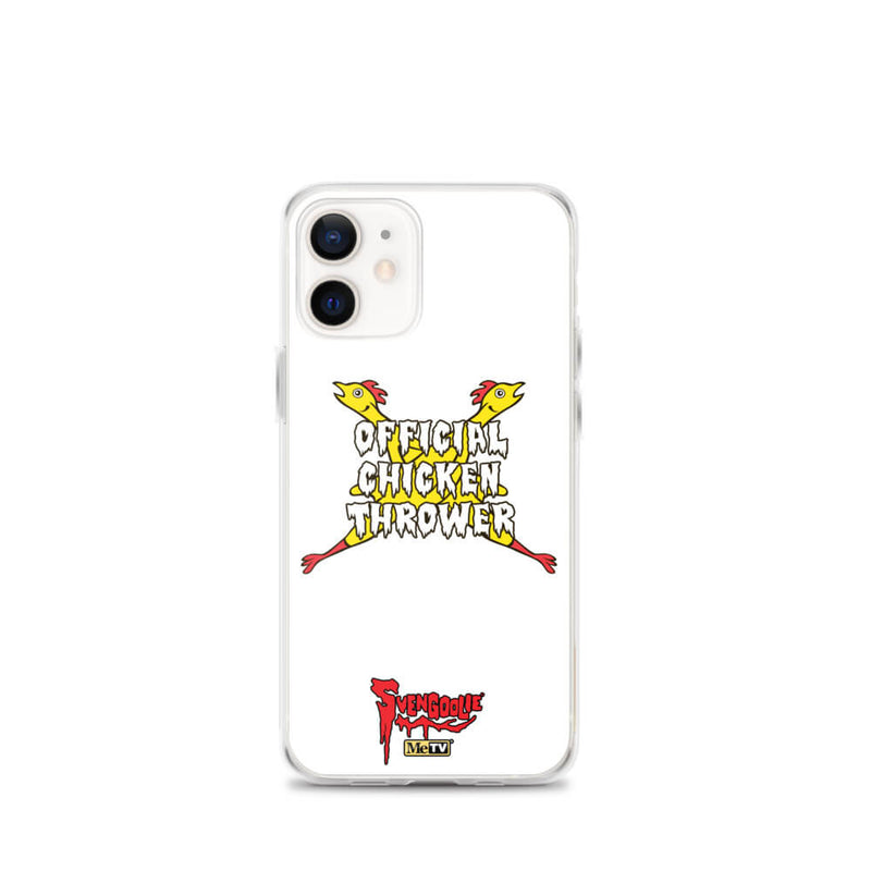White iPhone case with yellow cartoon chickens crossed in an X behind white text reading "OFFICIAL CHICKEN THROWER" "Svengoolie" and MeTV logos.