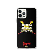 Black iPhone case with yellow cartoon chickens crossed in an X behind white text reading "OFFICIAL CHICKEN THROWER" "Svengoolie" and MeTV logos.