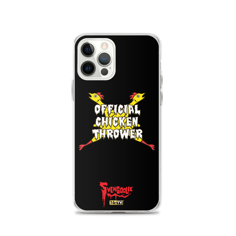 Black iPhone case with yellow cartoon chickens crossed in an X behind white text reading "OFFICIAL CHICKEN THROWER" "Svengoolie" and MeTV logos.