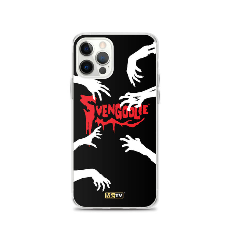 Clear iPhone case with black background, white zombie hands reaching in, and red dripping 'SVENGOOLIE' logo with MeTV badge at bottom..