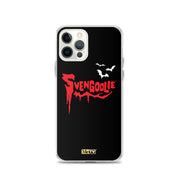 Black iPhone case with red dripping "Svengoolie" logo and three white bats, plus a small yellow MeTV logo at the bottom.