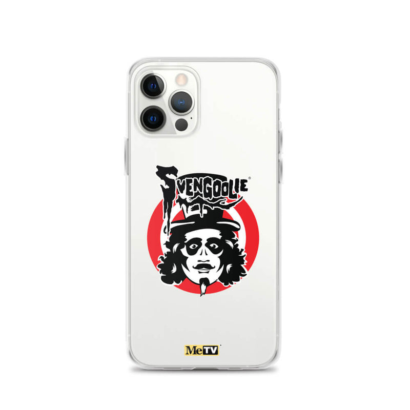 Clear iPhone case featuring Svengoolie target logo in center and "MeTV" logo at bottom.