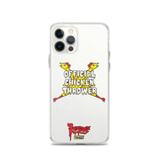 White iPhone case with yellow cartoon chickens crossed in an X behind white text reading "OFFICIAL CHICKEN THROWER" "Svengoolie" and MeTV logos.