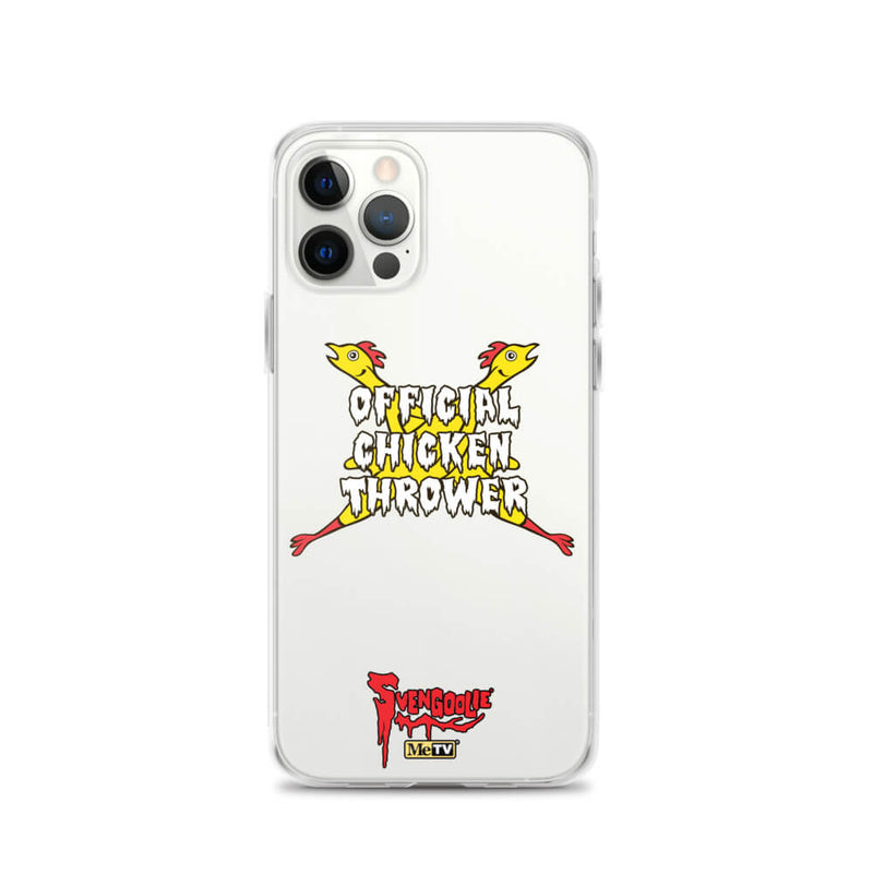 White iPhone case with yellow cartoon chickens crossed in an X behind white text reading "OFFICIAL CHICKEN THROWER" "Svengoolie" and MeTV logos.