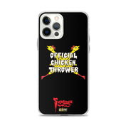 Black iPhone case with yellow cartoon chickens crossed in an X behind white text reading "OFFICIAL CHICKEN THROWER" "Svengoolie" and MeTV logos.