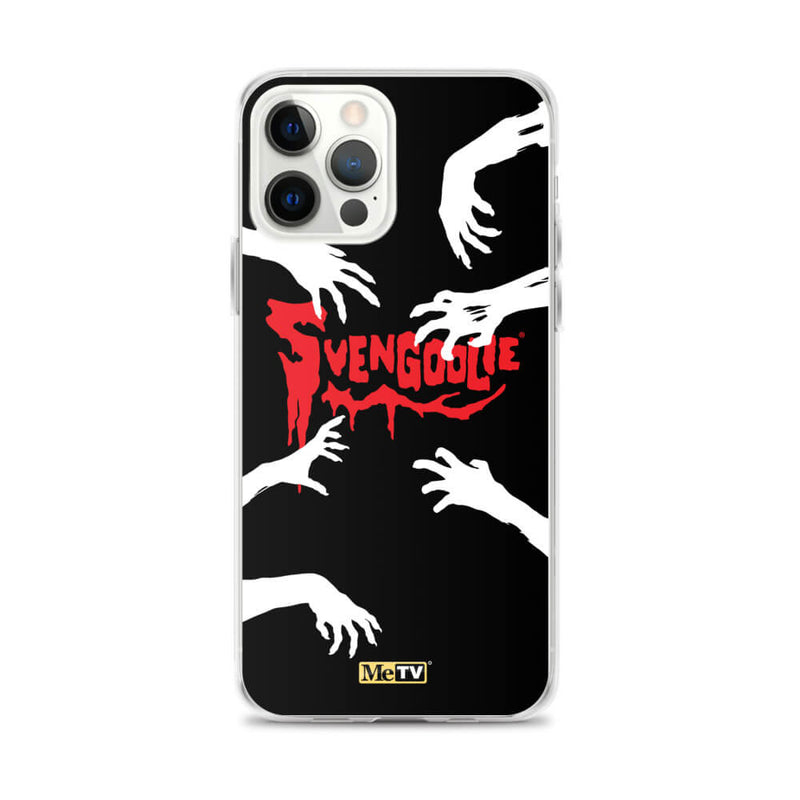 Clear iPhone case with black background, white zombie hands reaching in, and red dripping 'SVENGOOLIE' logo with MeTV badge at bottom.
