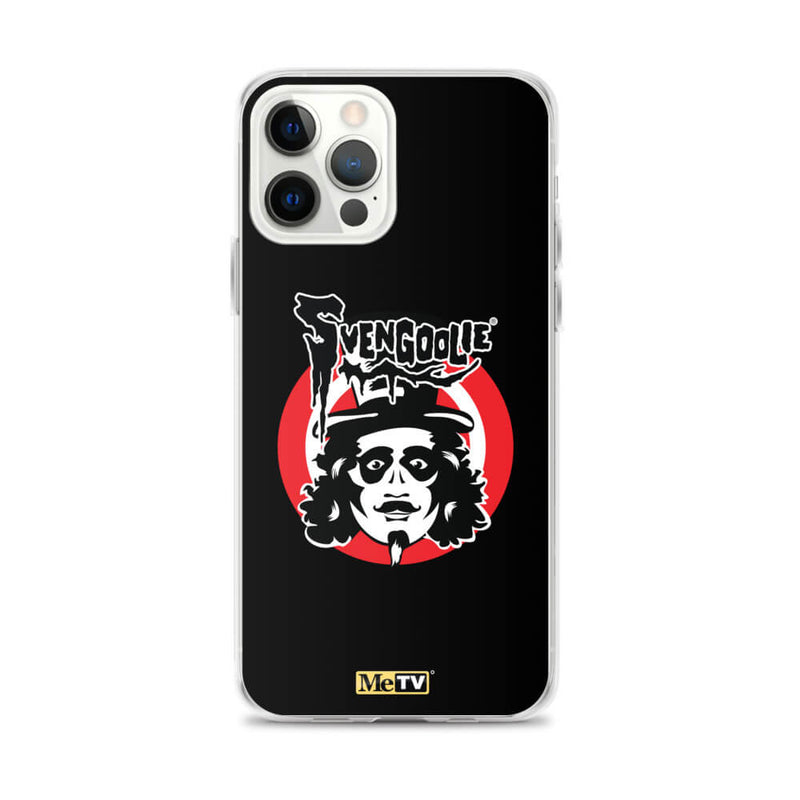 Black iPhone case featuring Svengoolie target logo in center and "MeTV" logo at bottom.
