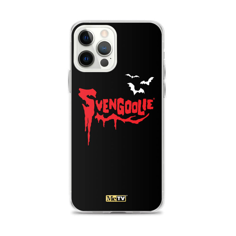Black iPhone case with red dripping "Svengoolie" logo and three white bats, plus a small yellow MeTV logo at the bottom.