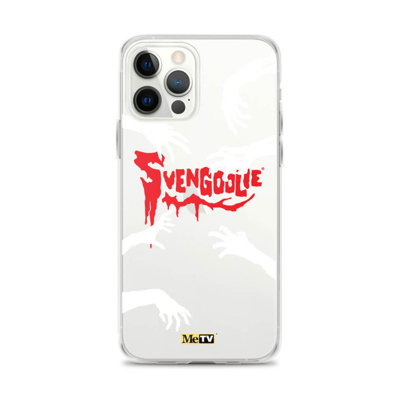 White iPhone case with black background, white zombie hands reaching in, and red dripping 'SVENGOOLIE' logo with MeTV badge at bottom.