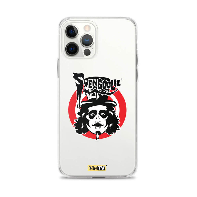 Clear iPhone case featuring Svengoolie target logo in center and "MeTV" logo at bottom.