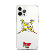 White iPhone case with yellow cartoon chickens crossed in an X behind white text reading "OFFICIAL CHICKEN THROWER" "Svengoolie" and MeTV logos.