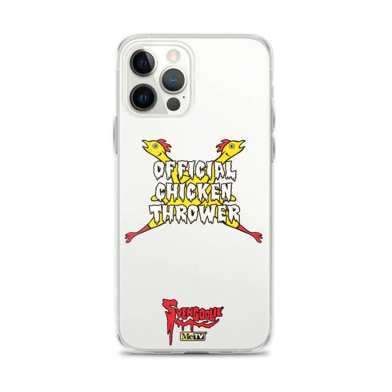 White iPhone case with yellow cartoon chickens crossed in an X behind white text reading "OFFICIAL CHICKEN THROWER" "Svengoolie" and MeTV logos.