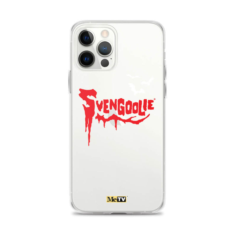 Black iPhone case with red dripping "Svengoolie" logo and three white bats, plus a small yellow MeTV logo at the bottom.
