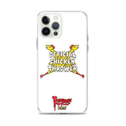 White iPhone case with yellow cartoon chickens crossed in an X behind white text reading "OFFICIAL CHICKEN THROWER" "Svengoolie" and MeTV logos.