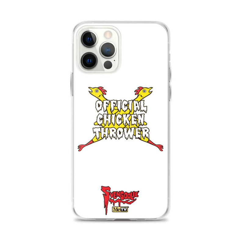 White iPhone case with yellow cartoon chickens crossed in an X behind white text reading "OFFICIAL CHICKEN THROWER" "Svengoolie" and MeTV logos.