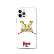 White iPhone case with yellow cartoon chickens crossed in an X behind white text reading "OFFICIAL CHICKEN THROWER" "Svengoolie" and MeTV logos.