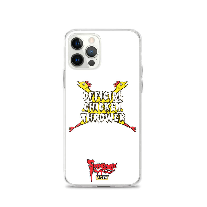 White iPhone case with yellow cartoon chickens crossed in an X behind white text reading "OFFICIAL CHICKEN THROWER" "Svengoolie" and MeTV logos.