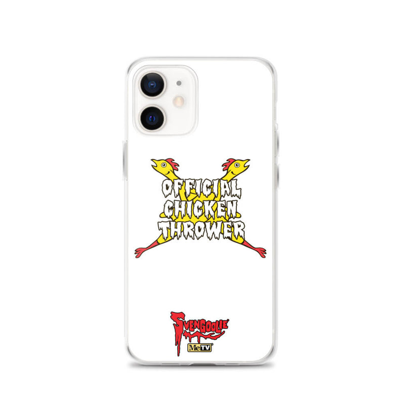 White iPhone case with yellow cartoon chickens crossed in an X behind white text reading "OFFICIAL CHICKEN THROWER" "Svengoolie" and MeTV logos.