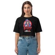 Black cropped t-shirt with cartoon Svengoolie in a red-white-and-blue top hat, pointing, under red text "Svengoolie" and "I WANT YOU TO WATCH MeTV".