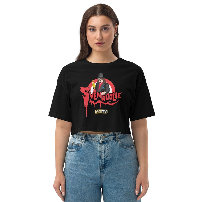 Black cropped t-shirt red graphic of Svengoolie in top hat and black cape above red dripping 'SVENGOOLIE' text and a 'MeTV' logo.