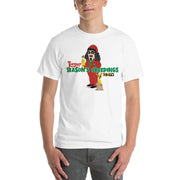 Man wearing white t-shirt with cartoon Svengoolie in red suit holding a chicken, 'Season's Creepings' text and MeTV logo