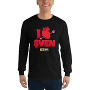 Black long-sleeve shirt with red dripping graphic of a heart pierced by an arrow, text reading "I Heart SVEN" and "MeTV" logo below.