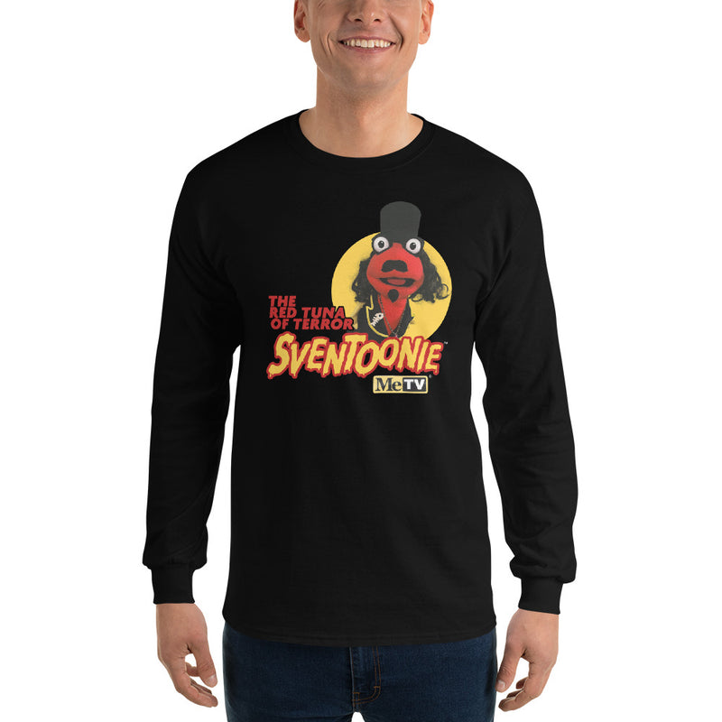 Black long-sleeve shirt with graphic of a red puppet in a top hat on yellow circle, text reading "THE RED TUNA OF TERROR SVENTOONIE" and "MeTV".