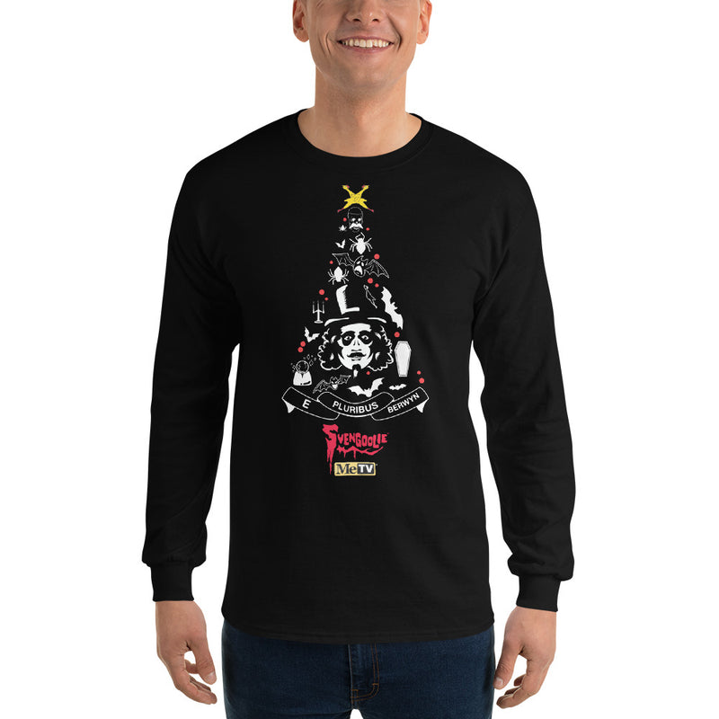 Black long-sleeve shirt with white graphic of a Christmas tree made of skulls, bats, coffins, and a top-hatted Svengoolie, with ribbon reading "E PLURIBUS BERWYN" and "Svengoolie" and "MeTV" logos.