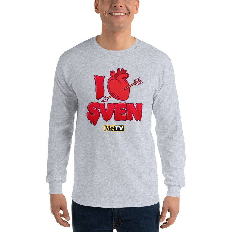Gray long-sleeve shirt with red dripping 'I', arrow-pierced anatomical heart, and 'SVEN' text, plus small MeTV logo.