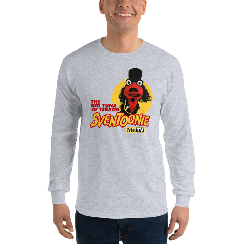 Heather gray long-sleeve shirt with graphic of a red puppet wearing a top hat, text "THE RED TUNA OF TERROR SVENTOONIE" and "MeTV" logo.