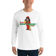 Man wearing white long-sleeve shirt with cartoon Svengoolie in red suit holding a chicken, 'Season's Creepings' text and MeTV logo