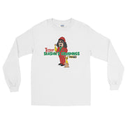 White long-sleeve shirt with cartoon Svengoolie in red suit holding a chicken, 'Season's Creepings' text and MeTV logo