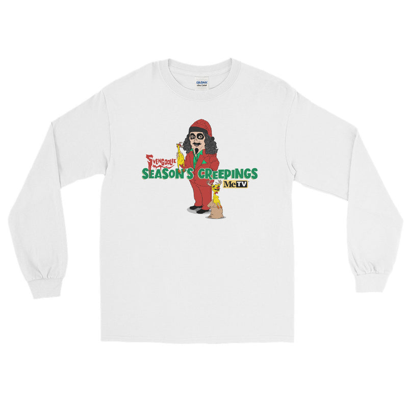 White long-sleeve shirt with cartoon Svengoolie in red suit holding a chicken, 'Season's Creepings' text and MeTV logo