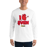 White long-sleeve shirt with red dripping graphic of a heart pierced by an arrow, reading "I Heart SVEN" and "MeTV" logo below.
