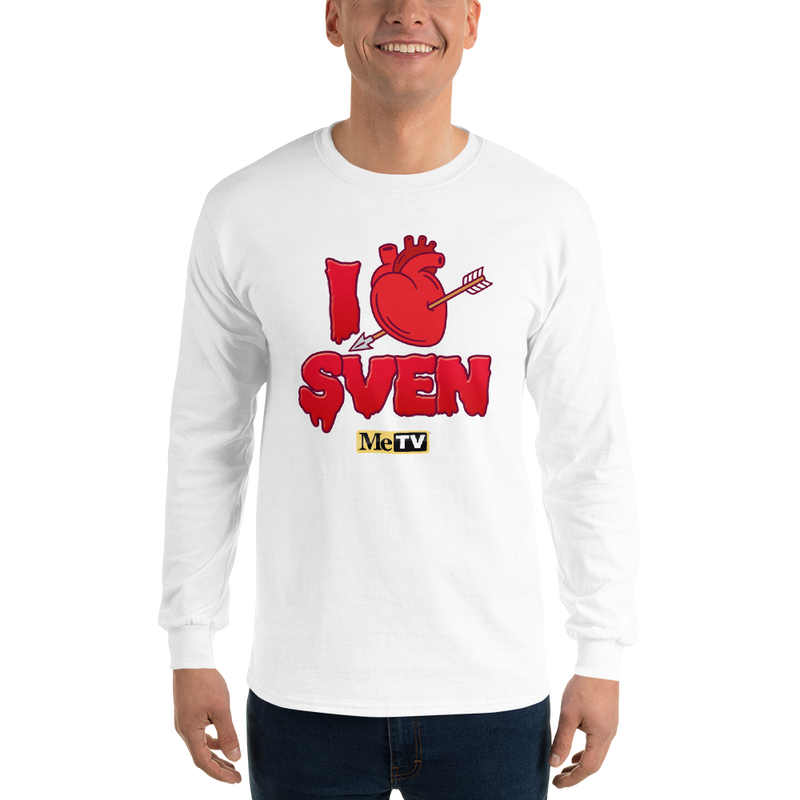 White long-sleeve shirt with red dripping graphic of a heart pierced by an arrow, reading "I Heart SVEN" and "MeTV" logo below.