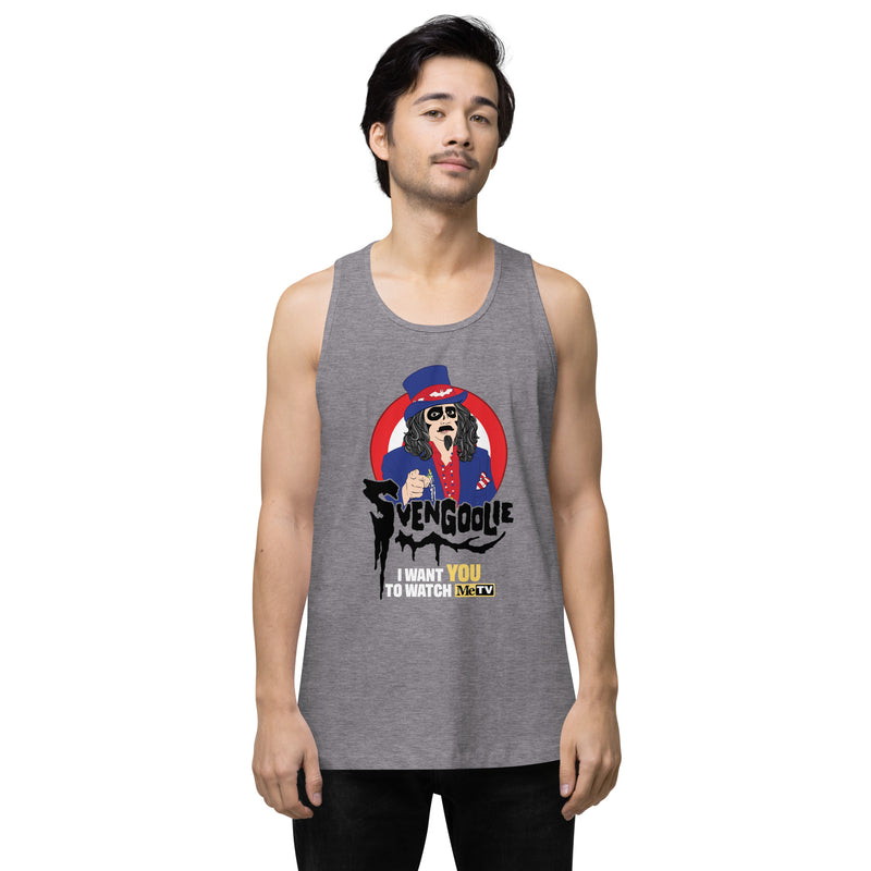 Heather gray tank top with graphic of Svengoolie in a blue top hat and red-white circle, text reading "Svengoolie I Want YOU To Watch MeTV".