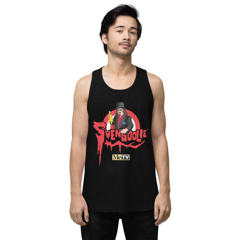 Black tank top red graphic of Svengoolie in top hat and black cape above red dripping 'SVENGOOLIE' text and a 'MeTV' logo.