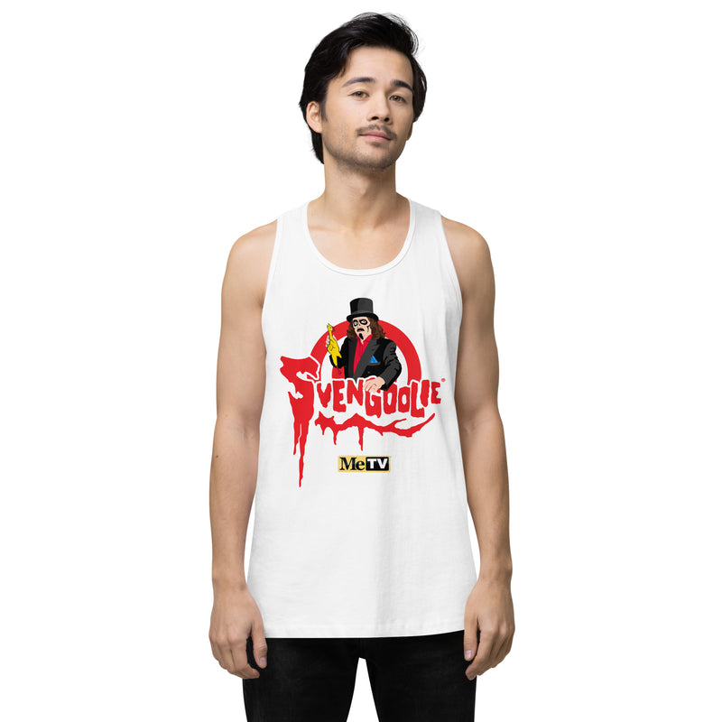 White tank top red graphic of Svengoolie in top hat and black cape above red dripping 'SVENGOOLIE' text and a 'MeTV' logo.