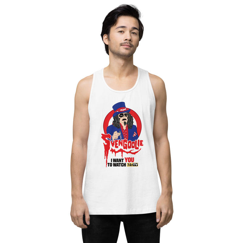 White tank top with Svengoolie graphic: blue top hat, red circle, "SVENGOOLIE" and "I WANT YOU TO WATCH MeTV" text.