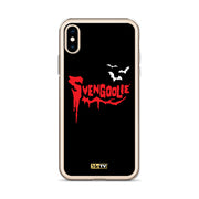 Black iPhone case with red dripping "Svengoolie" logo and three white bats, plus a small yellow MeTV logo at the bottom.