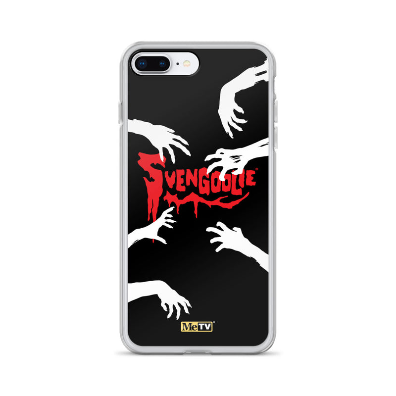 Clear iPhone case with black background, white zombie hands reaching inward, and red dripping 'Svengoolie' logo; small MeTV logo at bottom.