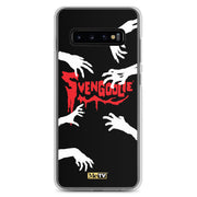 Black Samsung phone case with white zombie hands reaching in from the edges and red "SVENGOOLIE" logo with dripping blood design in the center.