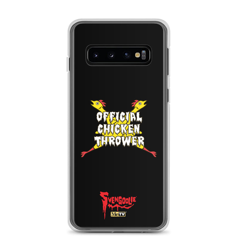 Black Samsung case with yellow cartoon chickens crossed in an X behind white text reading "OFFICIAL CHICKEN THROWER" "Svengoolie" and MeTV logos.