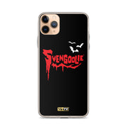 Black iPhone case with red dripping "Svengoolie" logo and three white bats, plus a small yellow MeTV logo at the bottom.
