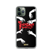 Clear iPhone case with black background, white zombie hands reaching inward, and red dripping "Svengoolie" logo in the center.