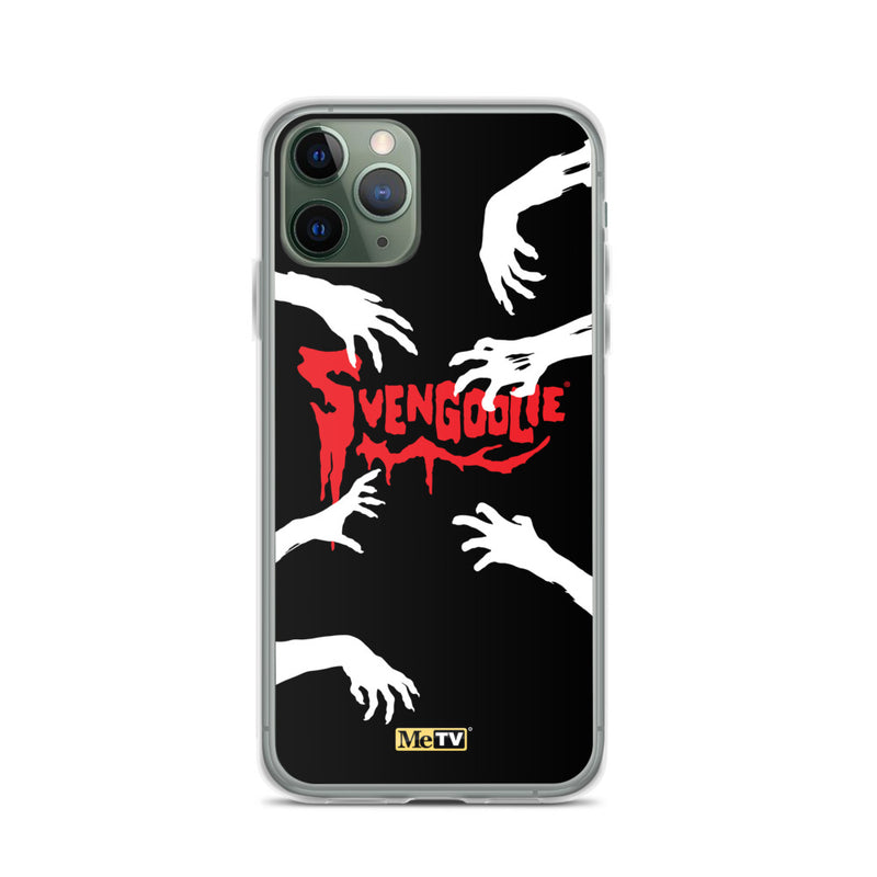 Clear iPhone case with black background, white zombie hands reaching inward, and red dripping "Svengoolie" logo in the center.