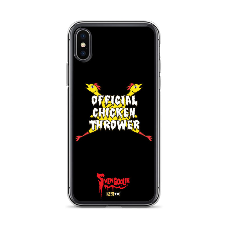 Black iPhone case with yellow cartoon chickens crossed in an X, white text reading "OFFICIAL CHICKEN THROWER", and red Svengoolie logo at bottom..